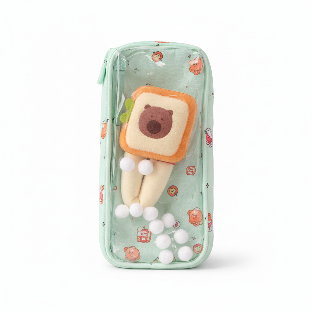 Cute Transparent Bear Pencil Pouch with 3D Plush – Aesthetic Zipper Case for Kids