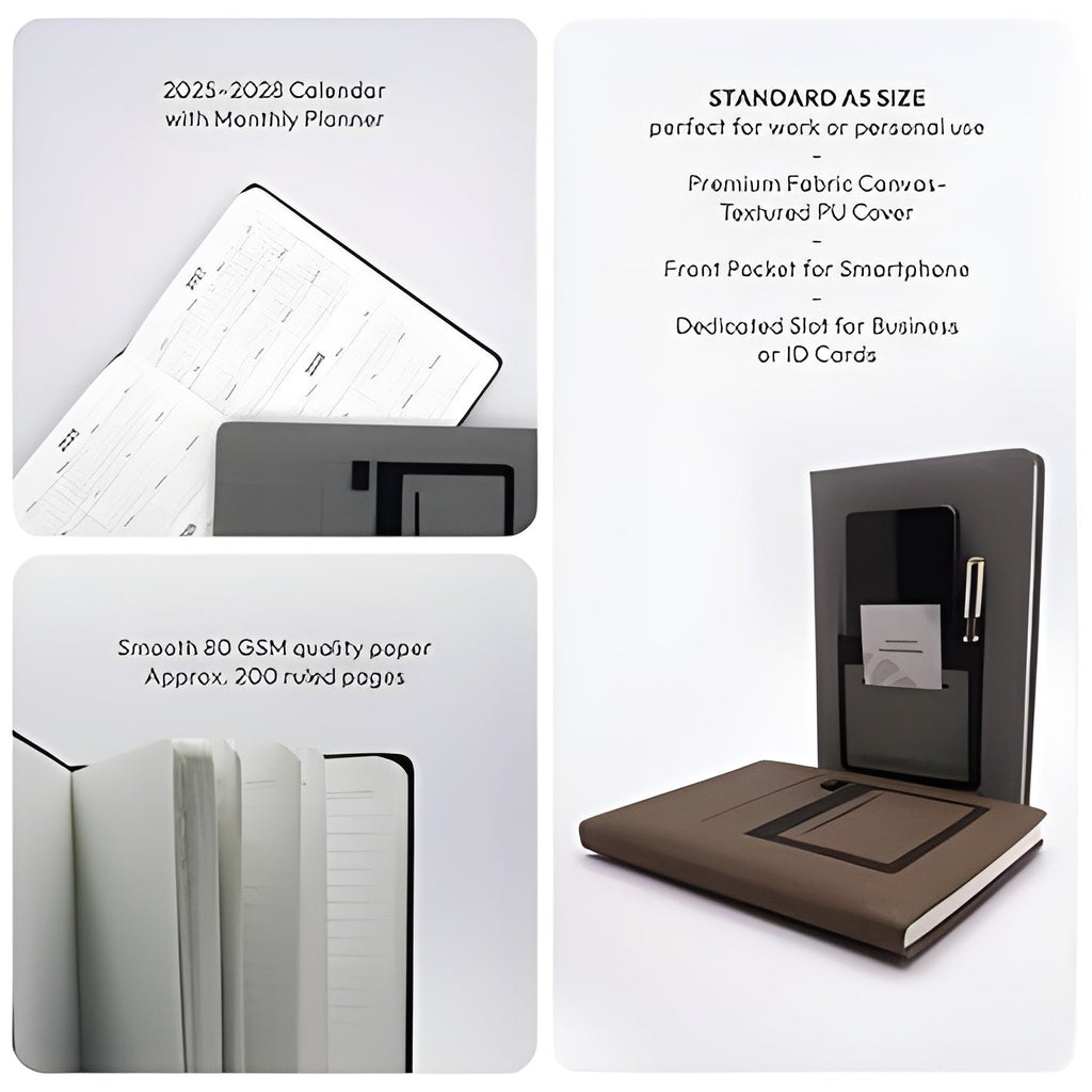 A5 Diary with Mobile Pocket & Card Holder Hardcover Organizer Notebook