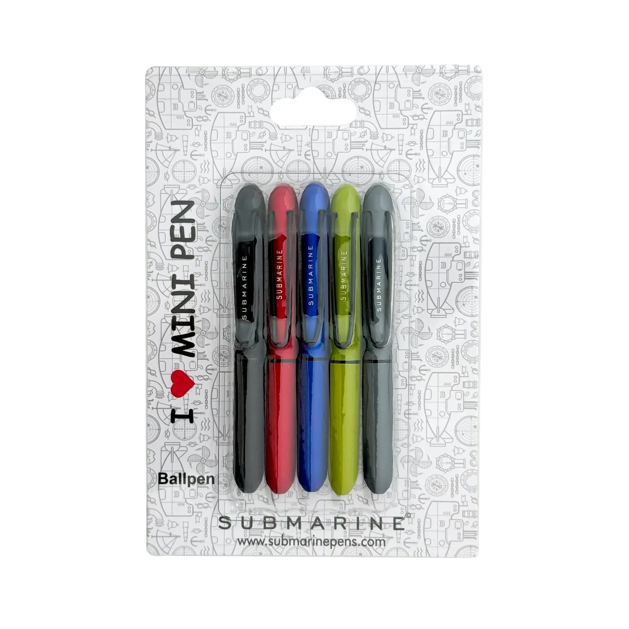 Submarine Mini Ball Pen Pack of 5 Bullet Style Compact Pens
